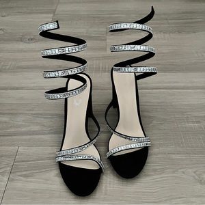 Rhinestone Black Suede Sandal Heels